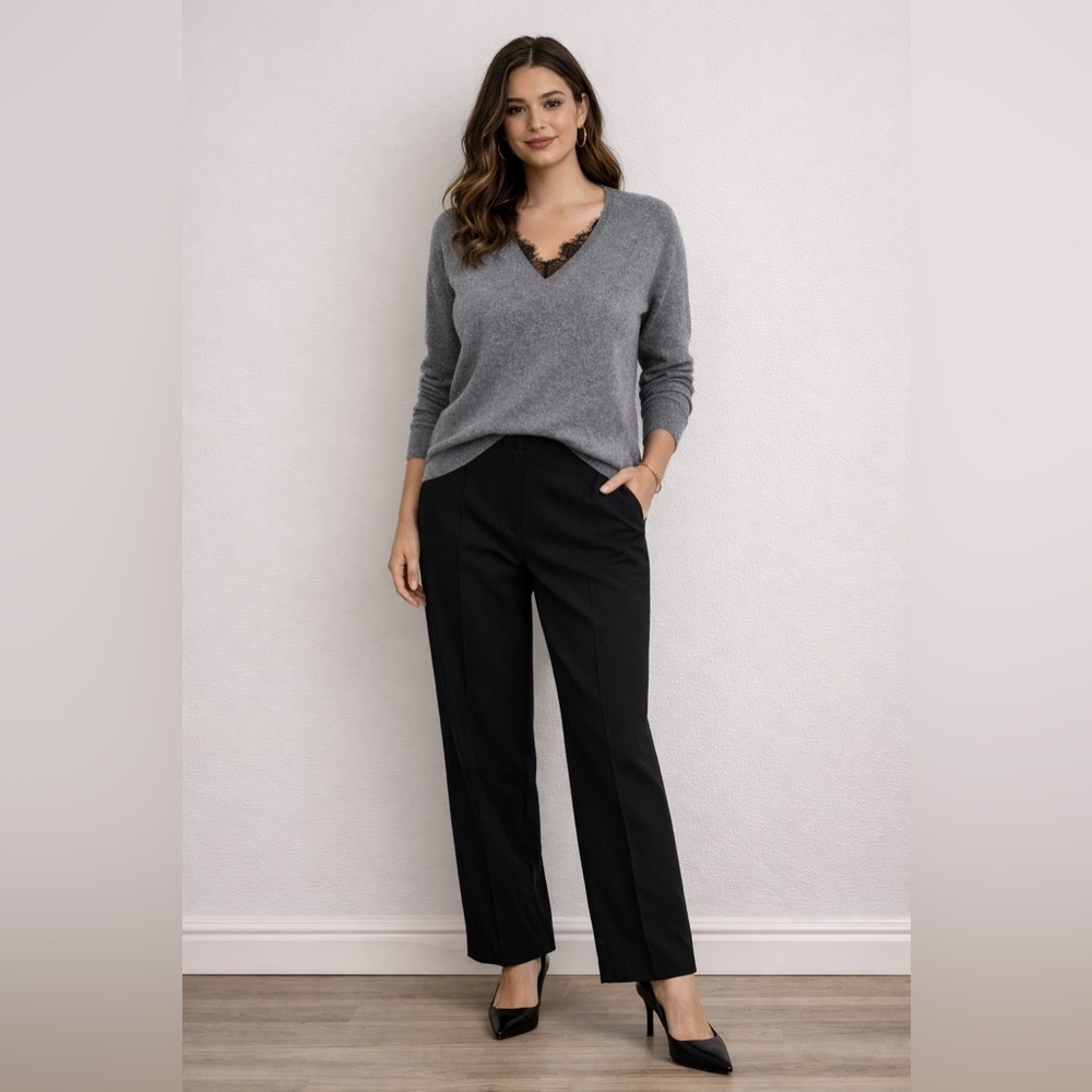 Bloomingdale’s 100% Cashmere Gray V-Neck Lace Trim Sweater XL NWT